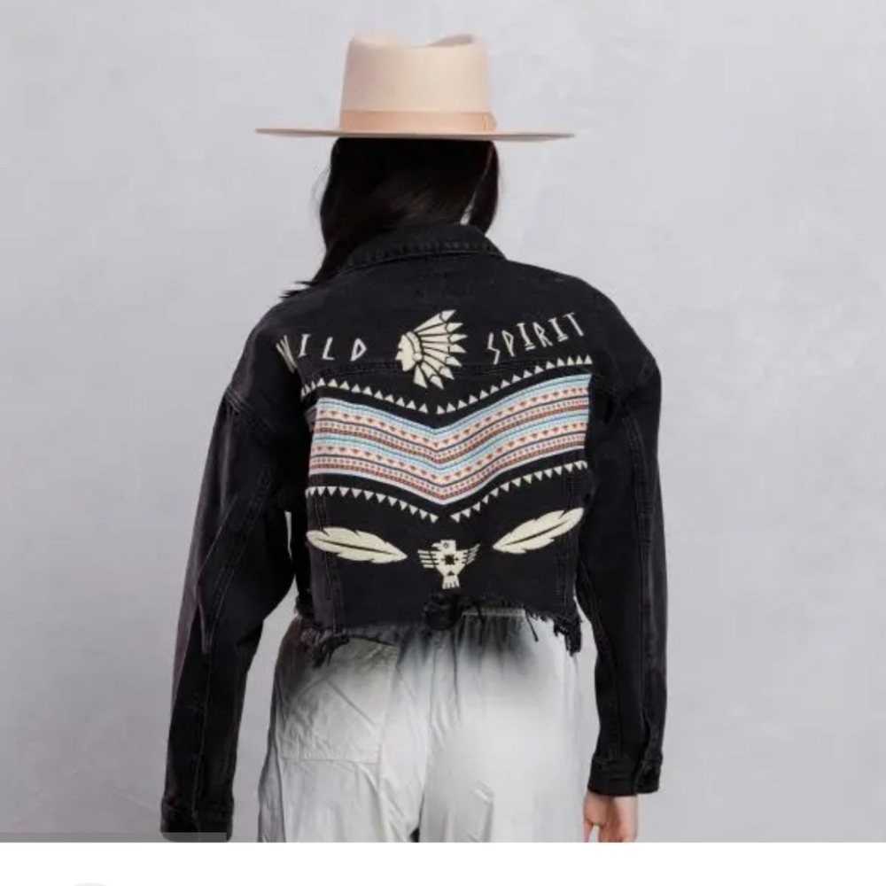 Black Cropped Denim Jacket with Southwestern Back Design